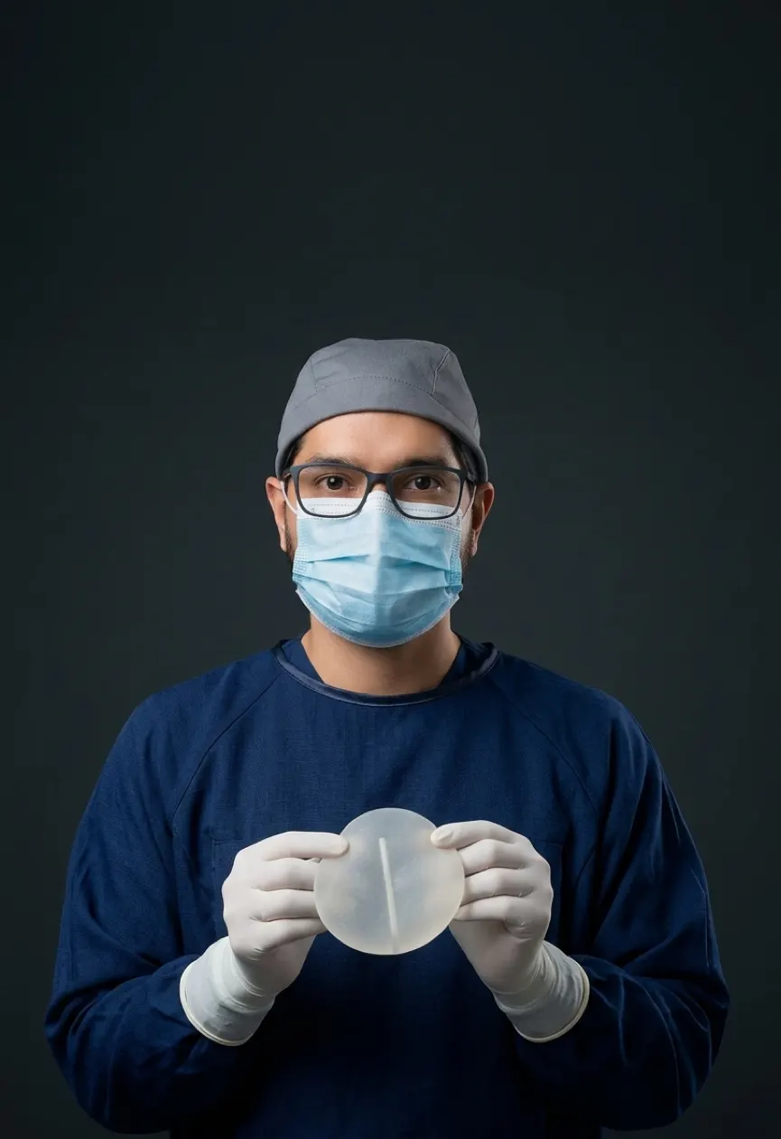 Dr. Marco Ponce con implante para reconstrucción de mama
